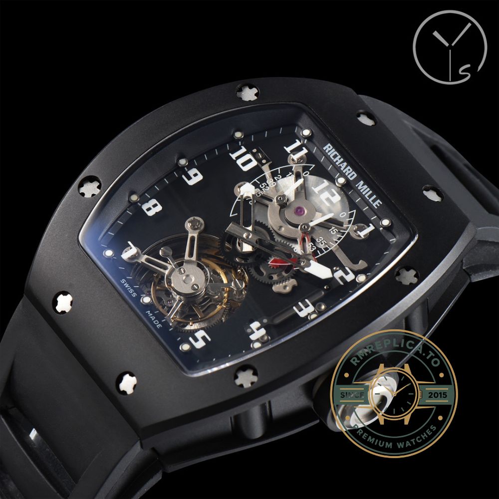 Replica Richard Mille watch RM001 tourbillon black case side angle detail – replica richard mille watch