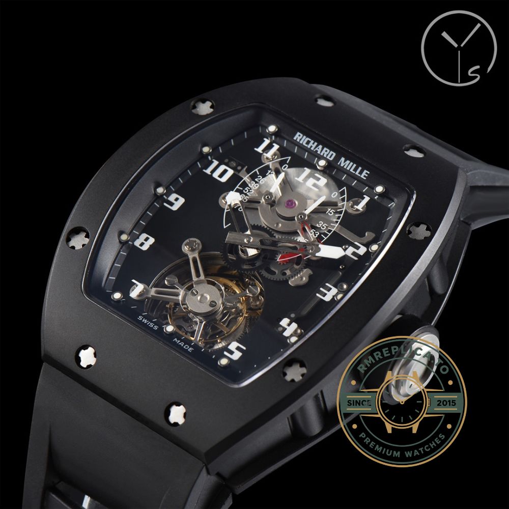 Imitation Richard Mille RM001 tourbillon black case crown macro detail – imitation richard mille