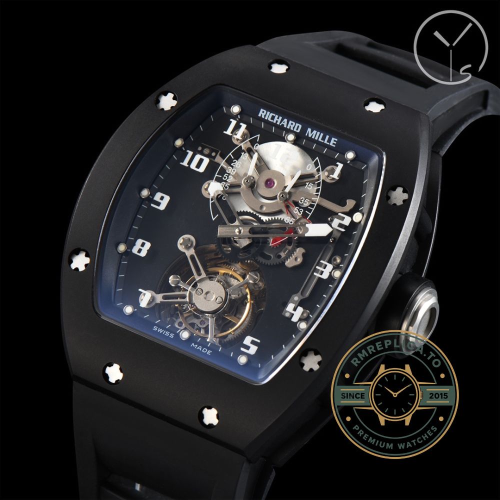 Richard Mille replica for sale RM001 tourbillon black rubber strap folding buckle detail – richard mille replica for sale