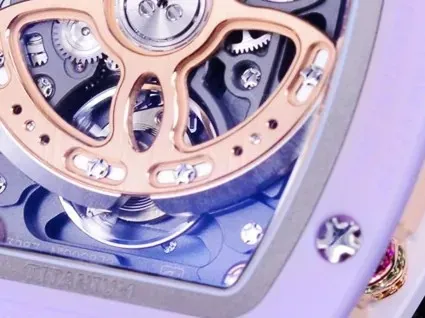 Angled view highlighting the authentic tonneau case architecture of this Richard Mille fake watch.
