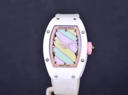 Side profile of the Richard Mille ladies replica showcasing the lightweight white ceramic case and rubber strap.