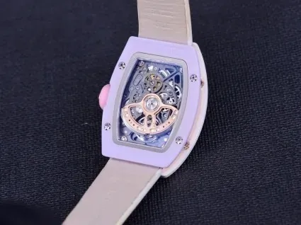 Close-up macro shot of the pastel swirl dial on this Richard Mille super clone timepiece.