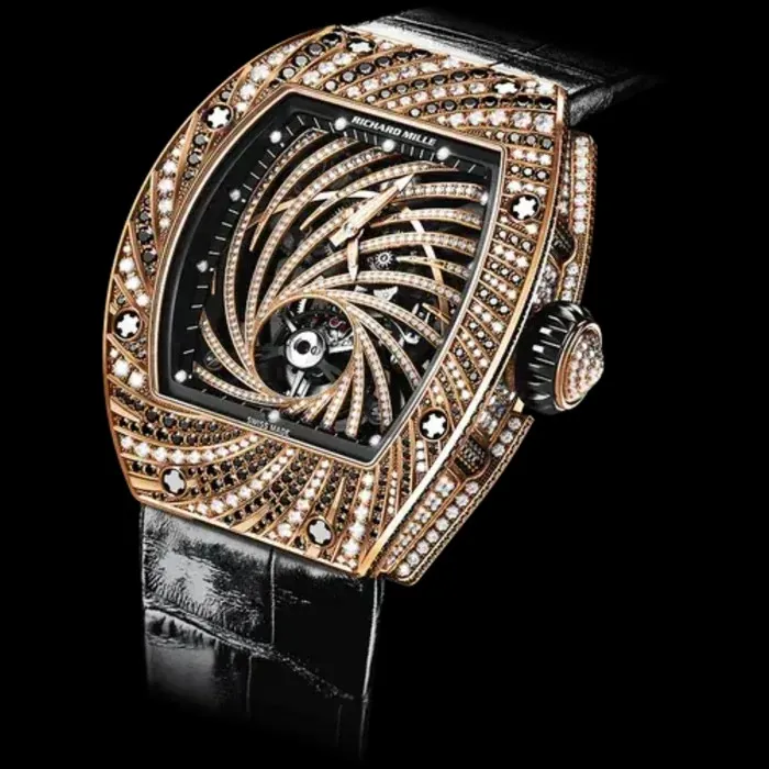 Close-up of the skeletonized Swiss tourbillon movement inside this Richard Mille super clone watch.