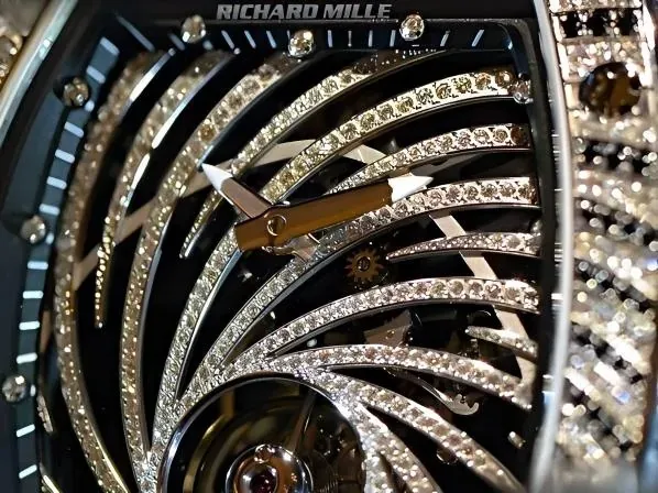 Macro shot highlighting the intricate diamond setting radiating from the center of the RM 51-02 clone dial.
