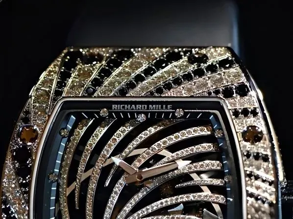 Side profile showing the black leather strap attached to the rose gold fake Richard Mille ladies watch.