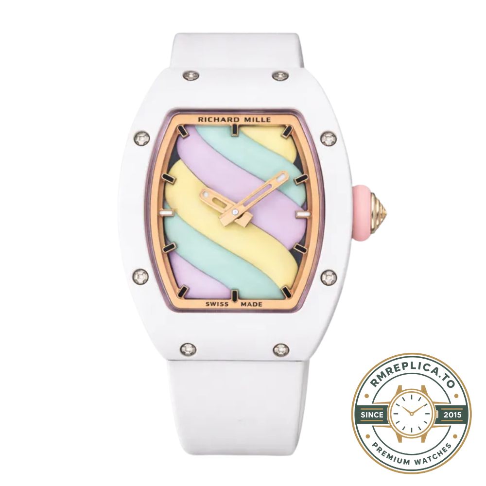 Richard Mille RM 07-03 replica white ceramic case pastel swirl dial white rubber strap luxury ladies wristwatch main image – richard mille replica