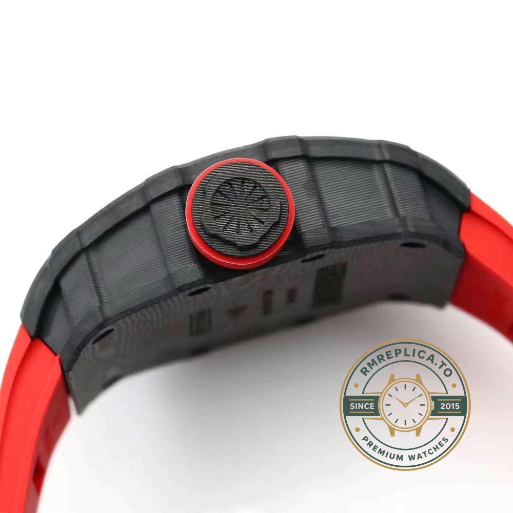 Richard Mille RM 35-01 replica AAA Swiss clone with carbon case and red strap front view – richard mille replica