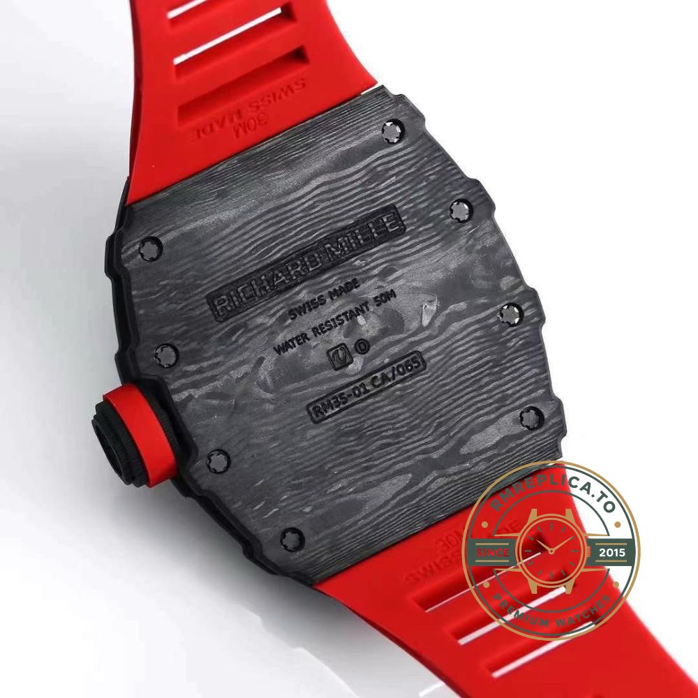 Richard Mille RM 35-01 super clone angled view showing carbon case and red rubber strap – richard mille super clone