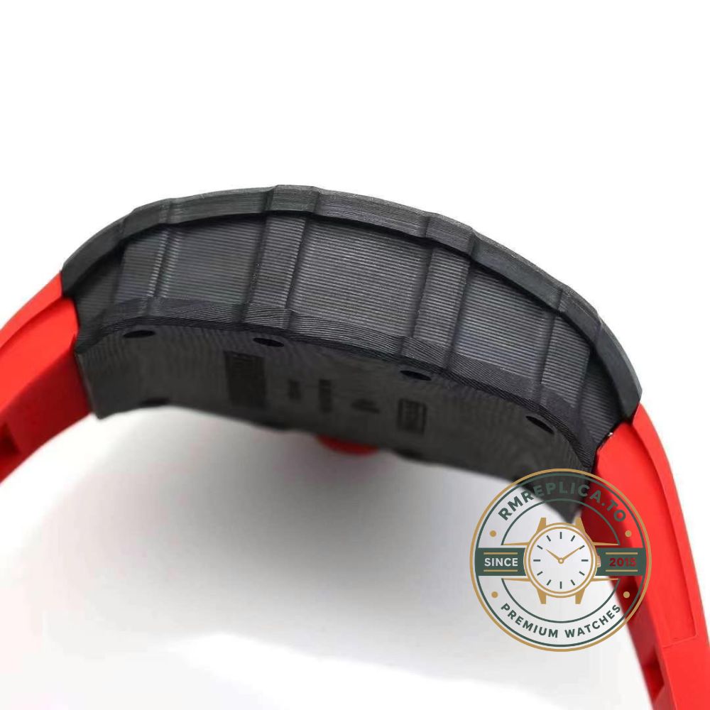 Fake Richard Mille RM 35-01 skeleton dial detail with carbon case and red strap – fake richard mille