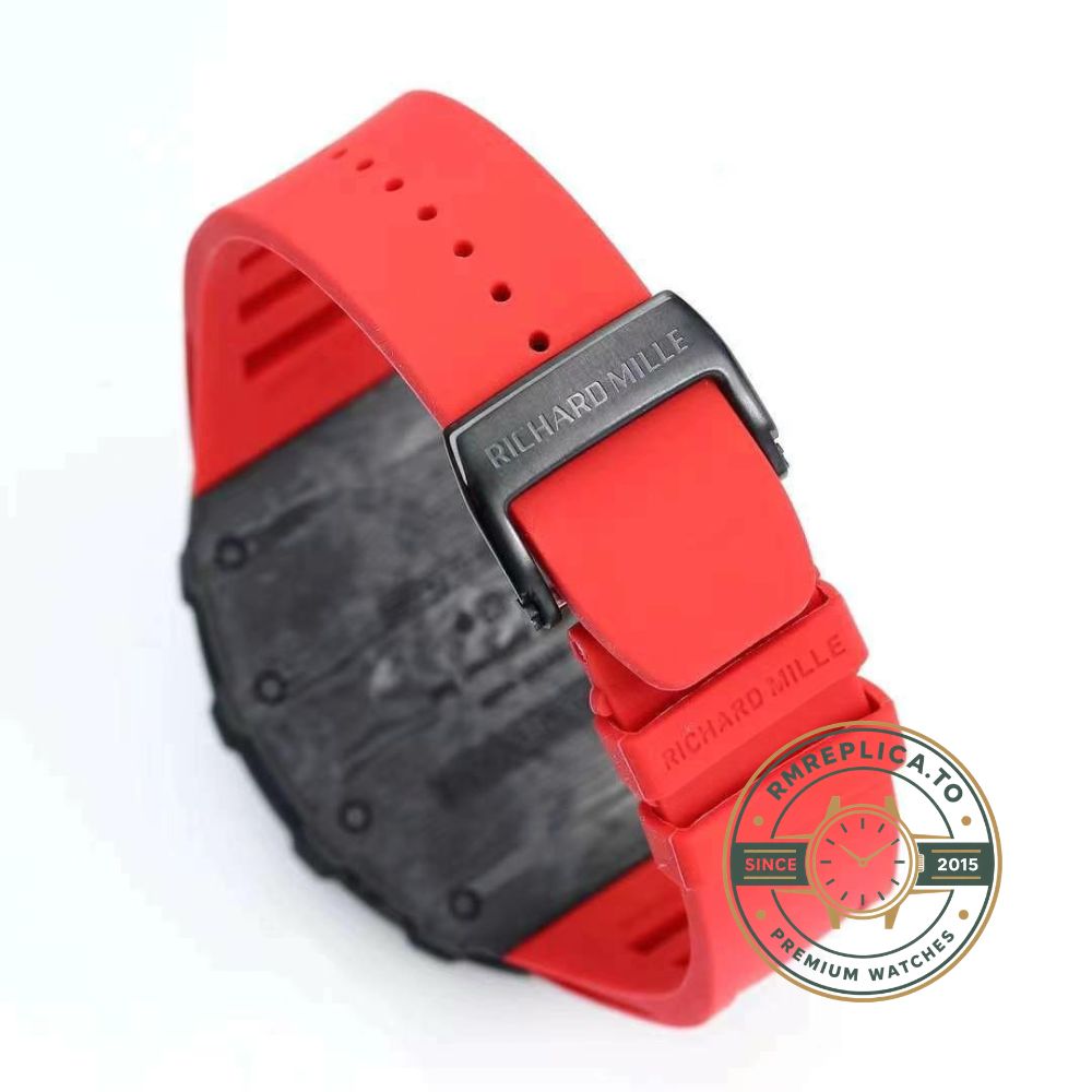 Richard Mille clone RM 35-01 side view with ultra-light carbon case and red rubber strap – richard mille clone