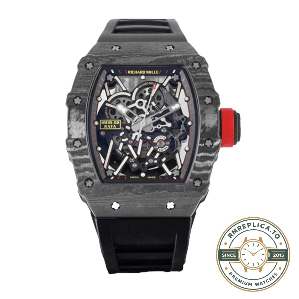 Richard Mille clone RM35-02 carbon fiber skeleton dial black rubber strap angled view – richard mille clone