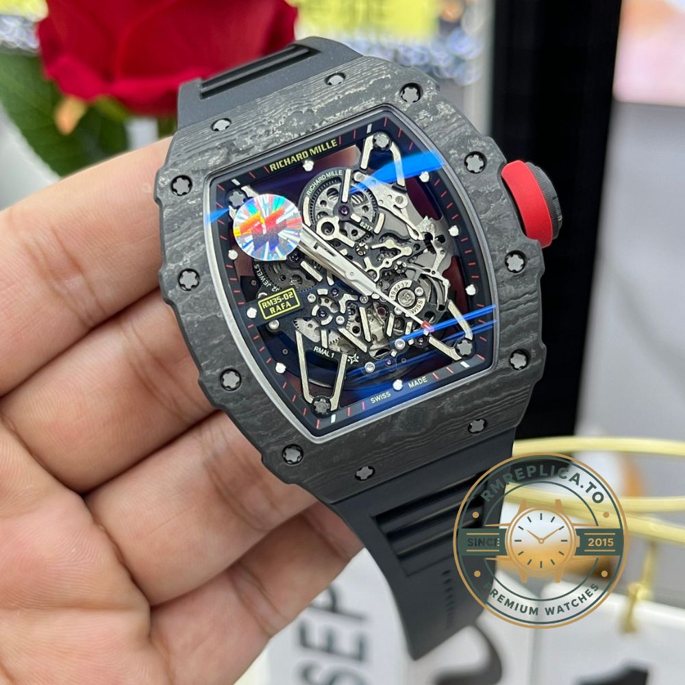 Best Richard Mille replica RM35-02 carbon fiber exhibition caseback movement detail – best richard mille replica