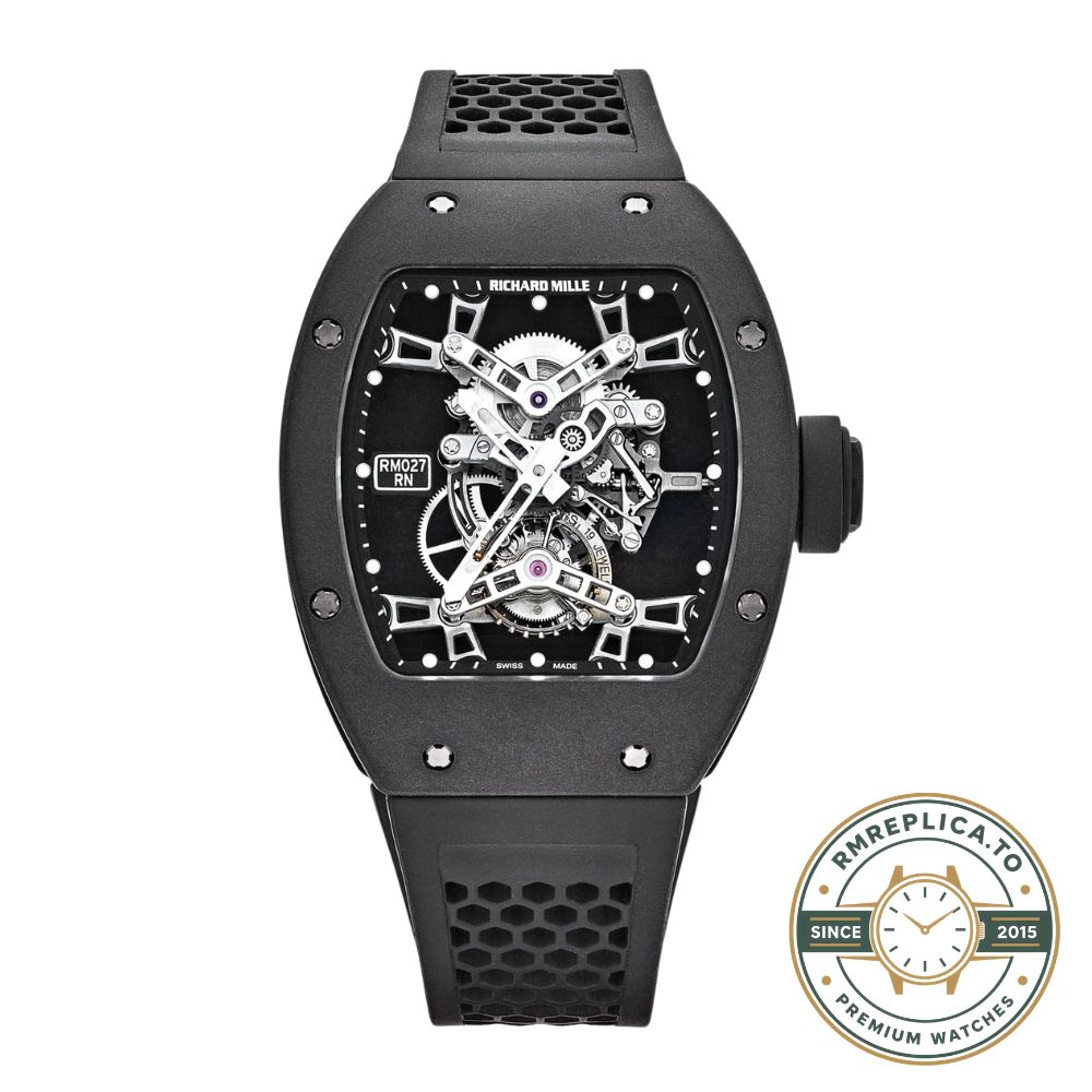 Richard Mille replicas RM 027 Rafael Nadal Tourbillon crown detail on carbon titanium case – richard mille replicas