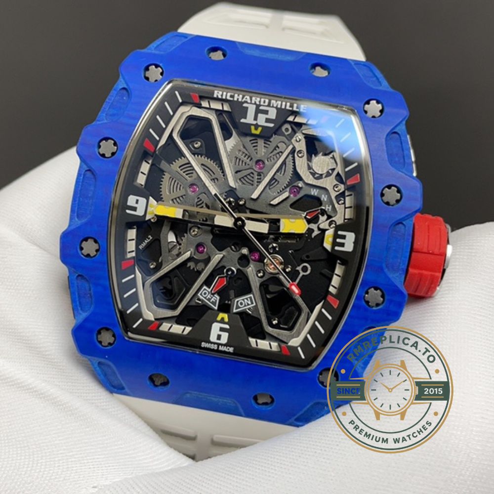 Richard Mille RM Series RM35-03 blue and white case white rubber strap side detail view – richard mille super clone