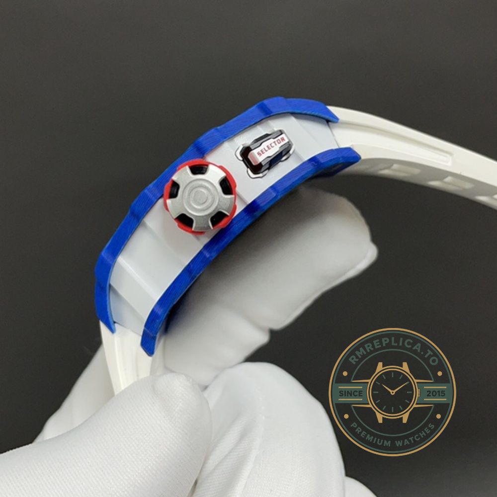 Richard Mille RM Series RM35-03 blue case white rubber strap caseback movement detail view – fake richard mille