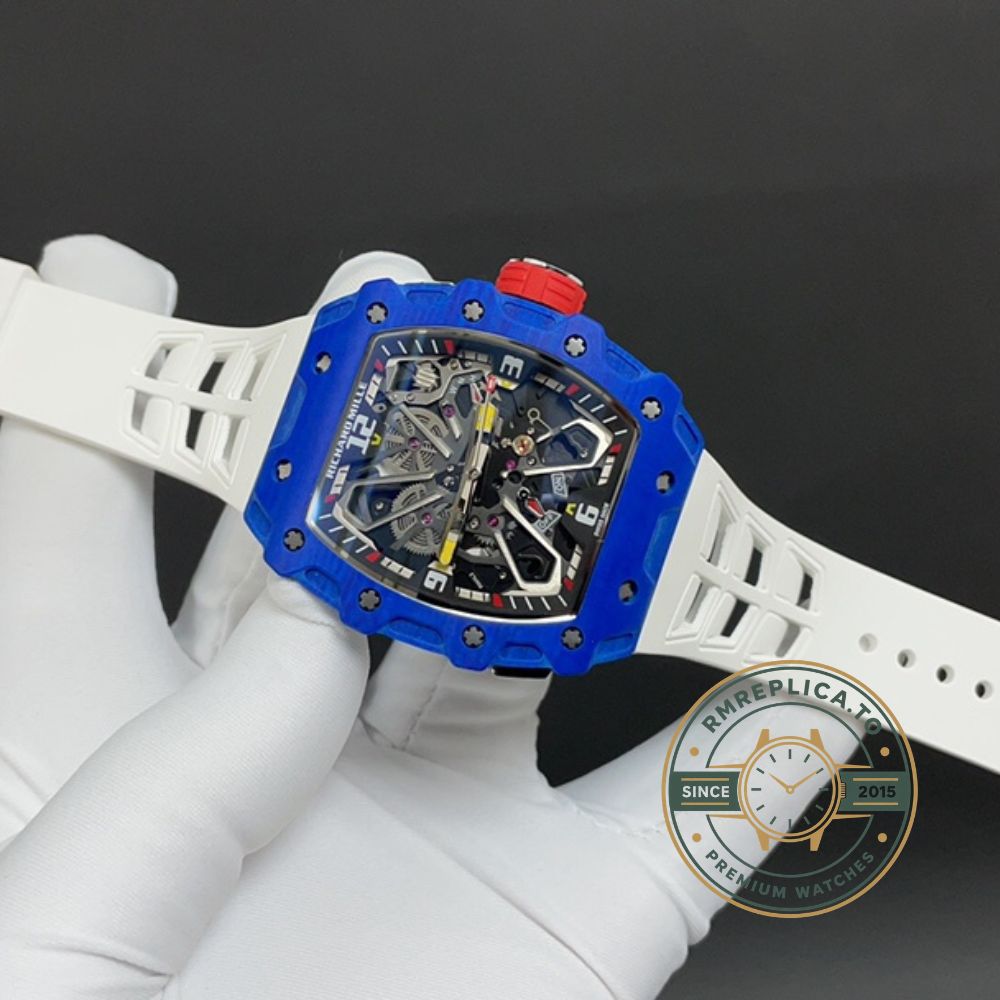 Richard Mille RM Series RM35-03 blue quartz fiber case white rubber strap skeleton dial front view – replica richard mille watch