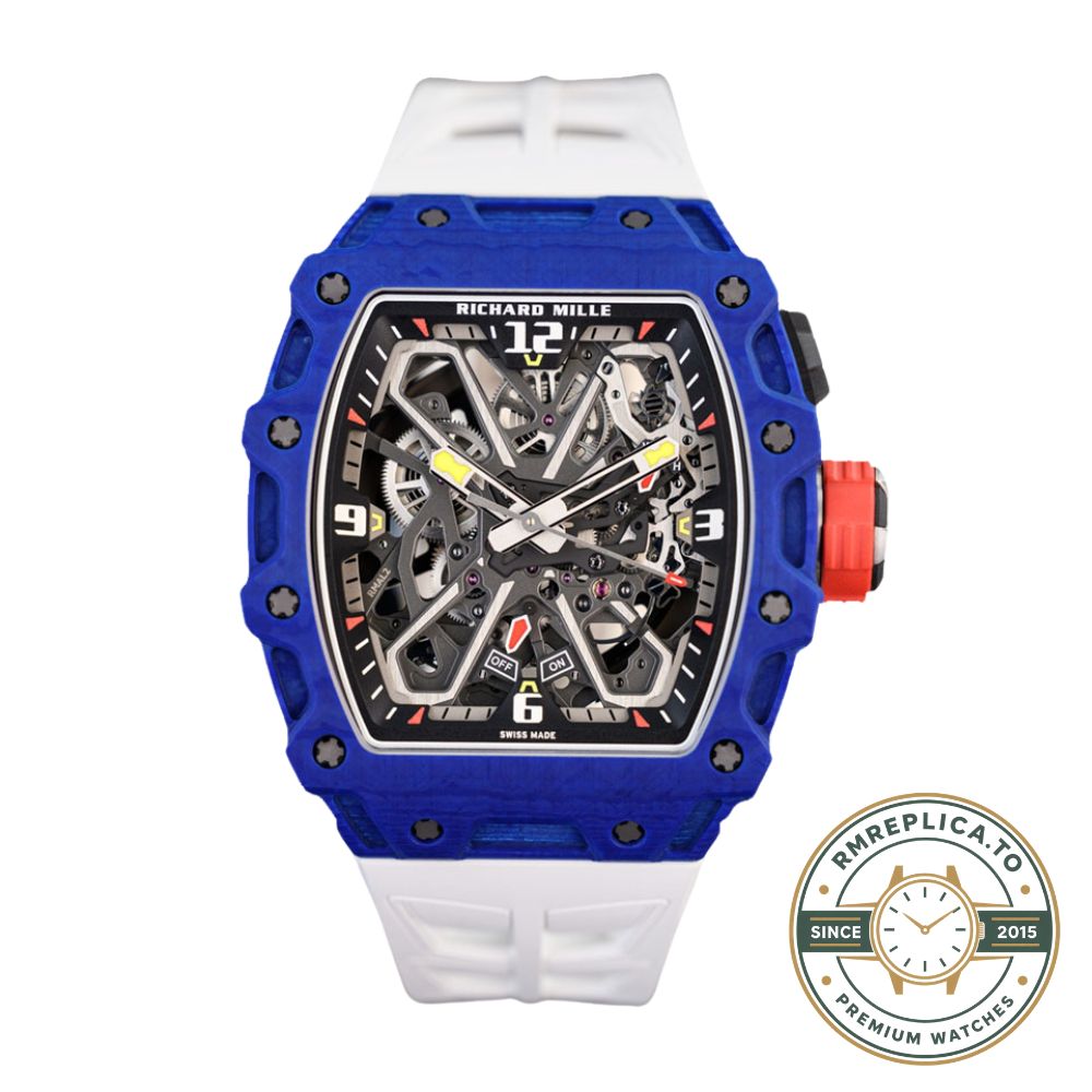 Richard Mille RM Series RM35-03 blue quartz fiber case white rubber strap skeleton movement front detail view – richard mille clone