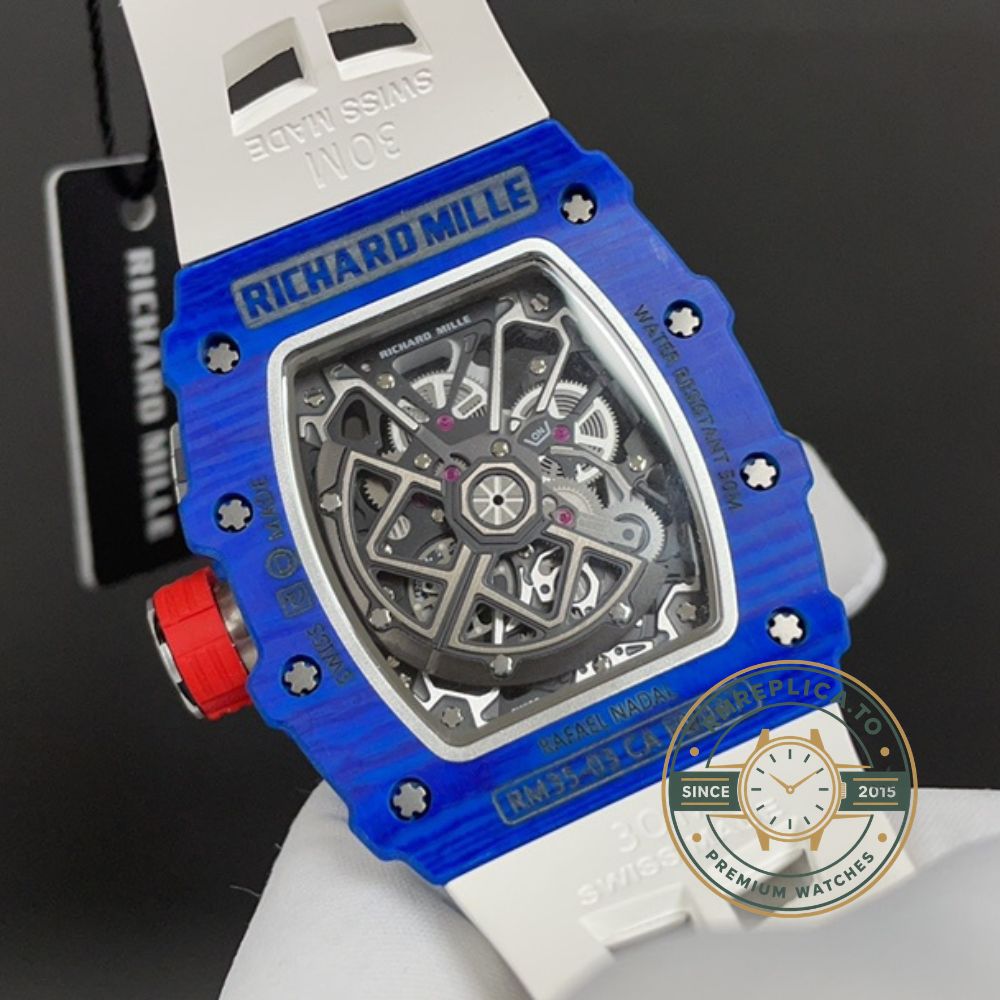 Richard Mille RM Series RM35-03 blue quartz fiber case white rubber strap full open wrist side detail view – best richard mille replica
