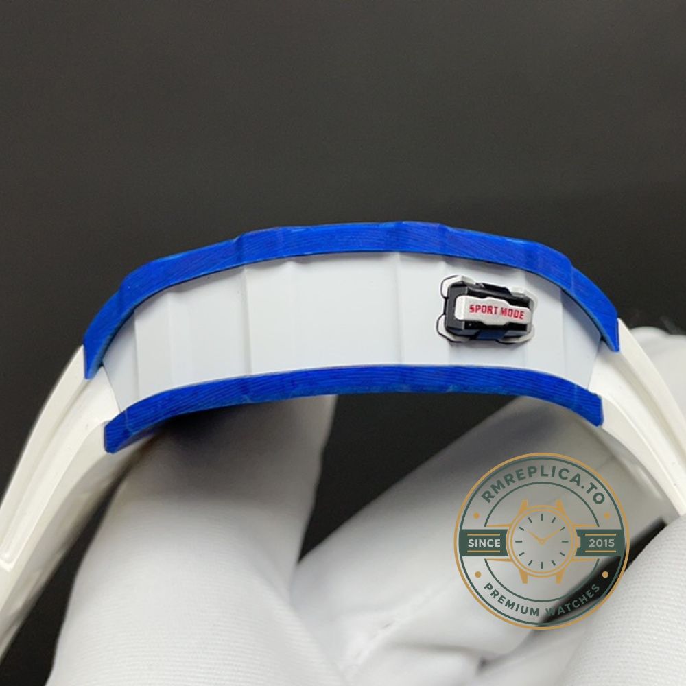Richard Mille RM Series RM35-03 blue and white case white rubber strap button side detail view – richard mille replicas