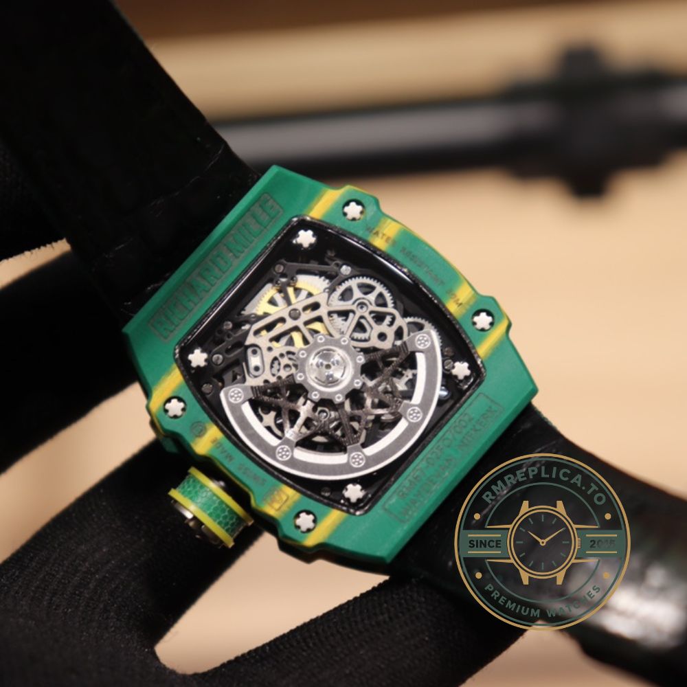 Best replica Richard Mille RM 67-02 skeleton dial watch with green fabric strap front view – richard mille replica