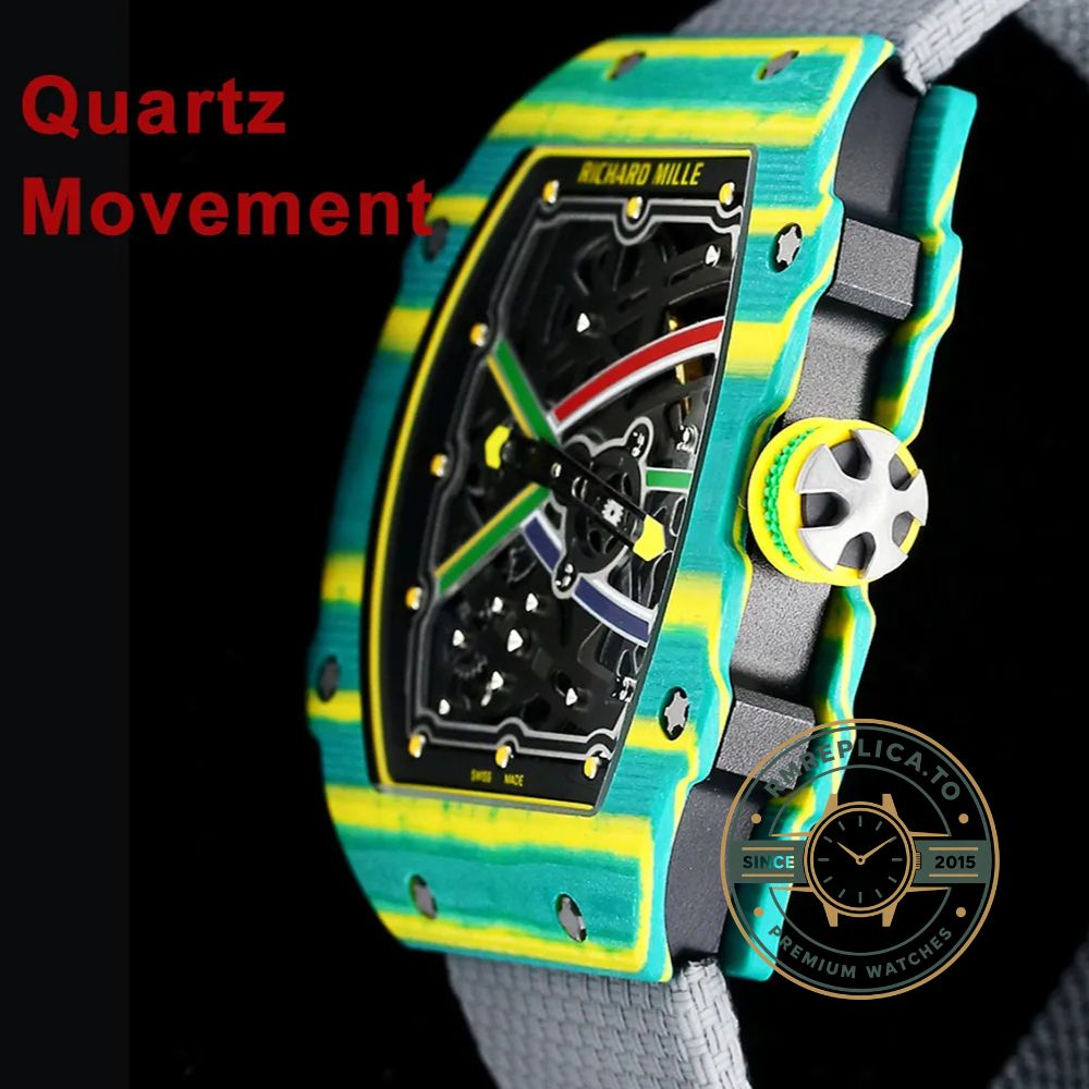 Richard Mille RM 67-02 super clone angled view with skeleton dial and green fabric strap – richard mille super clone