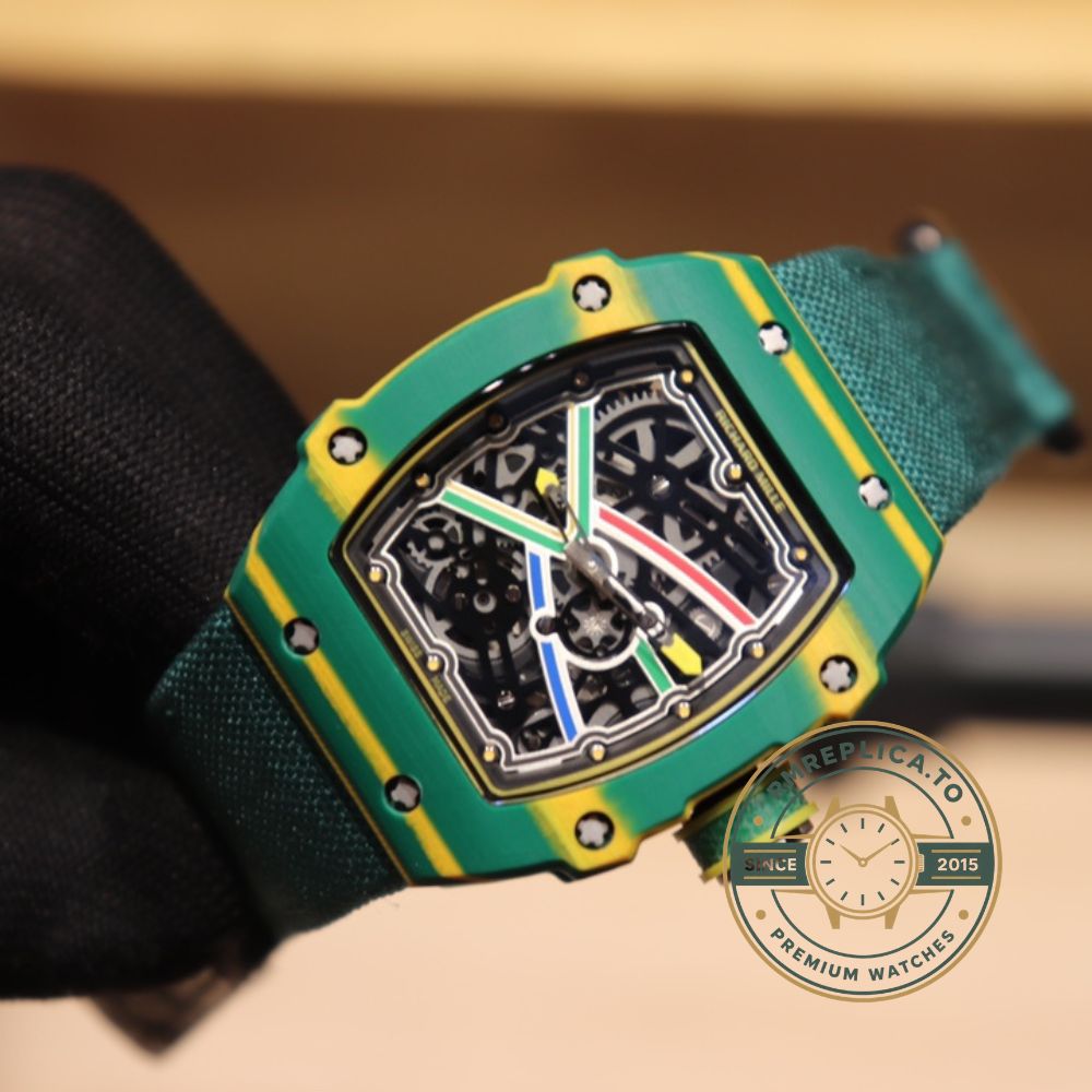 Fake Richard Mille RM 67-02 skeleton dial detail with yellow arrow hands – fake richard mille