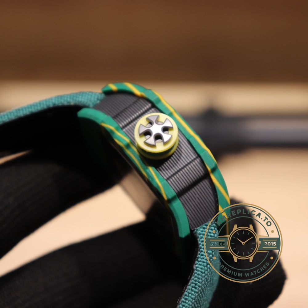 Richard Mille clone RM 67-02 side view with quartz fiber composite case and green fabric strap – richard mille clone