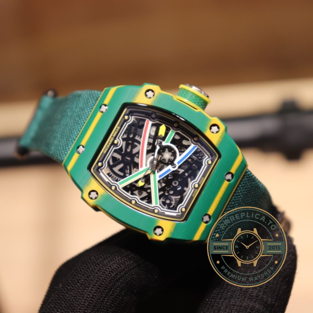 Richard Mille swiss replicas RM 67-02 on wrist with green fabric strap and skeleton dial – richard mille swiss replicas
