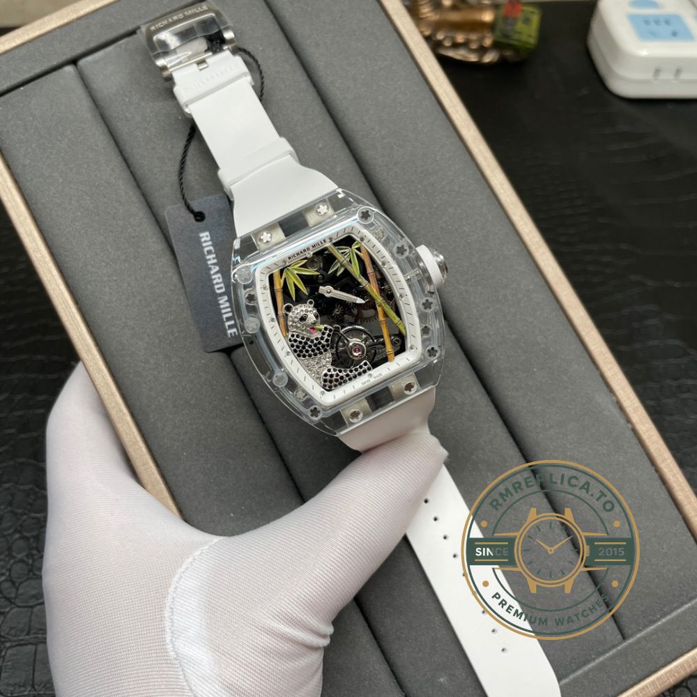 Fake Richard Mille RM 26-01 angled view with transparent sapphire crystal case and tourbillon movement – fake richard mille