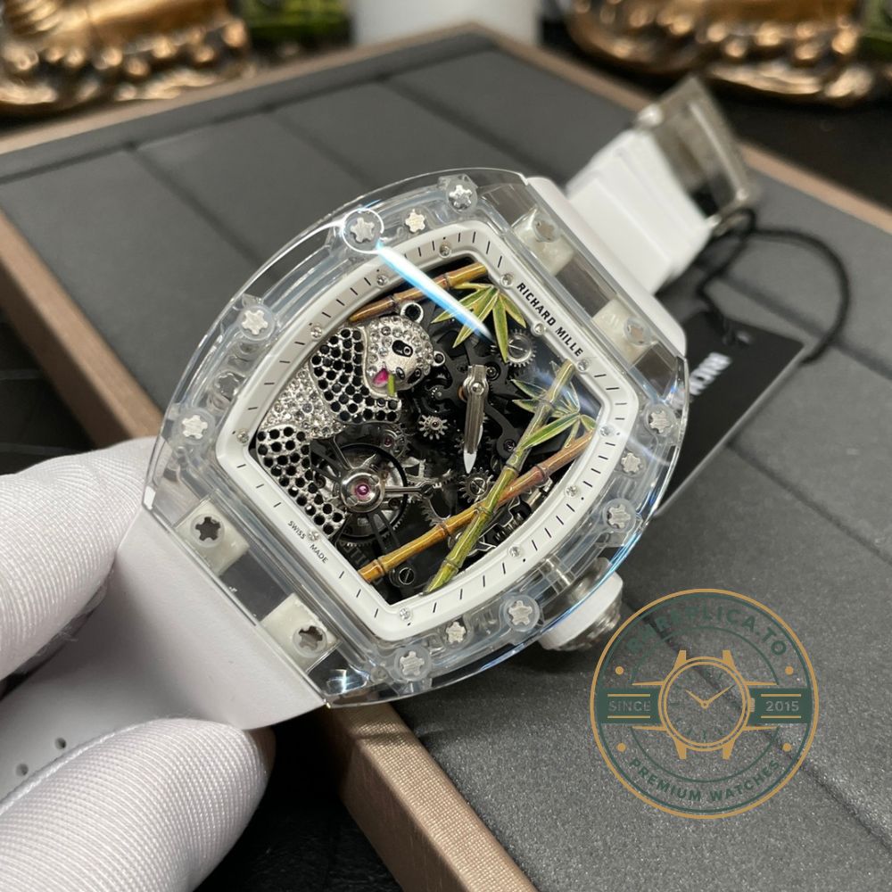 Replica Richard Mille watch RM 26-01 dial detail with panda and bamboo design on black base – replica richard mille watch