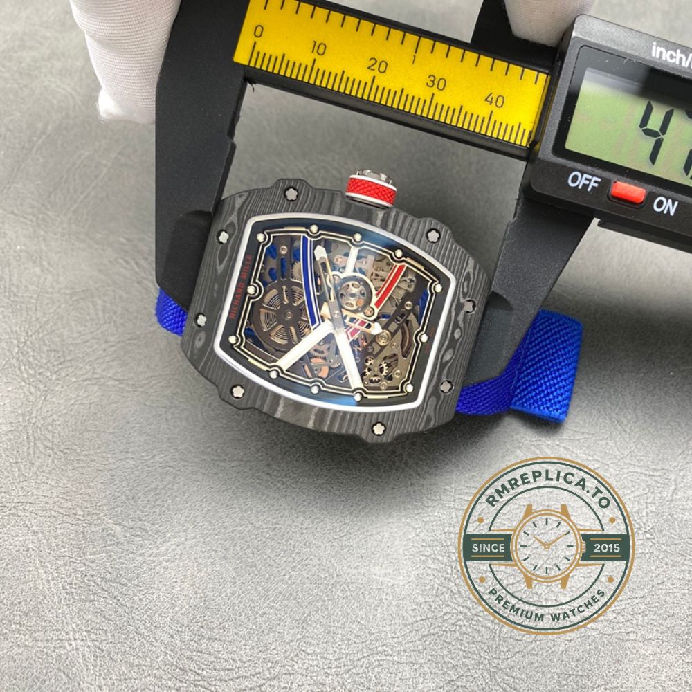 Best replica Richard Mille RM67-02 V4 black carbon case black skeleton dial blue strap front view – richard mille replica