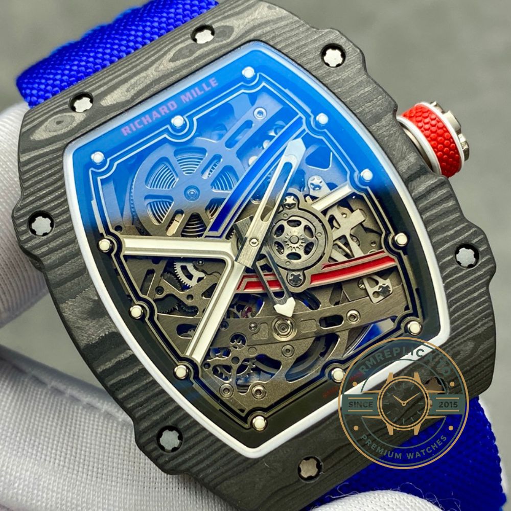 Richard Mille RM67-02 V4 super clone black carbon case skeleton dial blue sapphire detail view – richard mille super clone