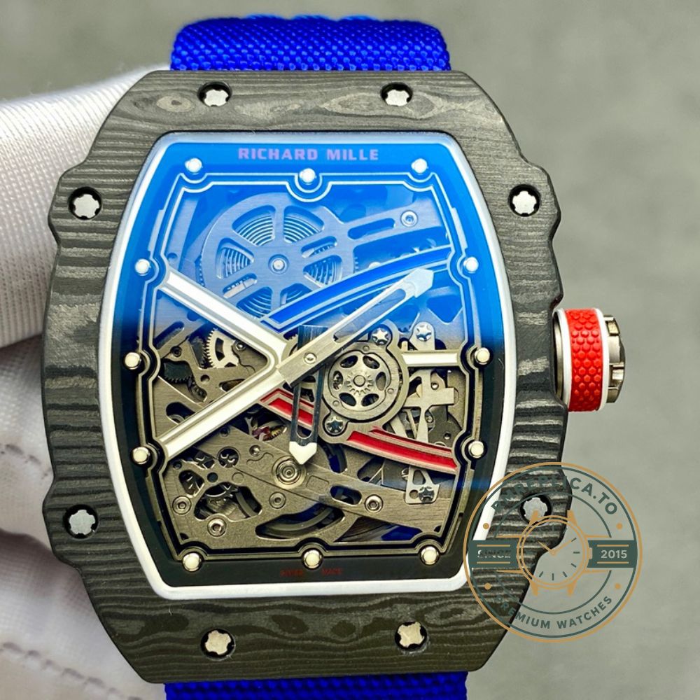 Fake Richard Mille RM67-02 V4 black carbon case automatic skeleton movement detail view – fake richard mille