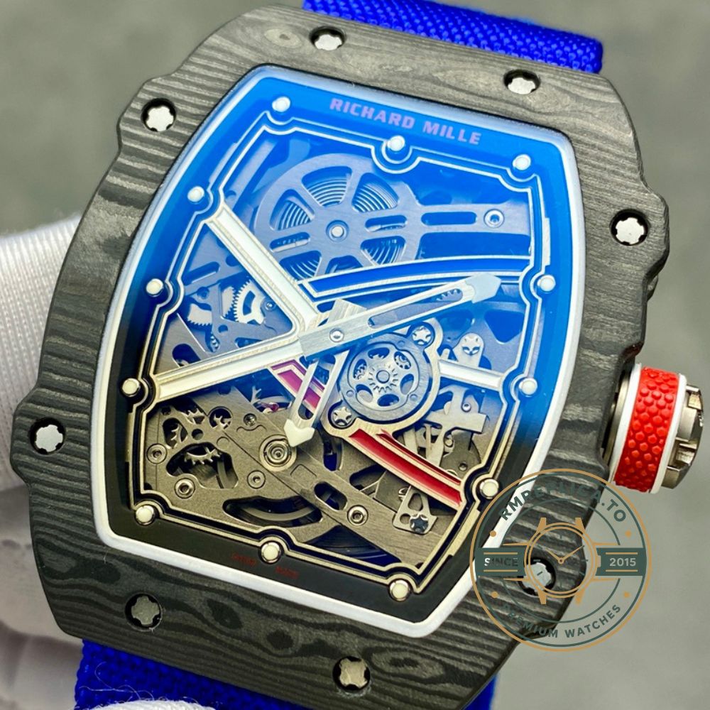 Replica Richard Mille watch RM67-02 V4 black carbon case skeleton dial blue strap case size measurement detail – replica richard mille watch