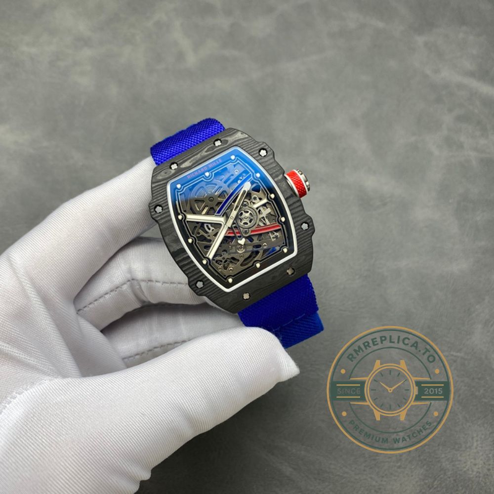 Best Richard Mille replica RM67-02 V4 black carbon case skeleton dial blue strap front view hand held – best richard mille replica
