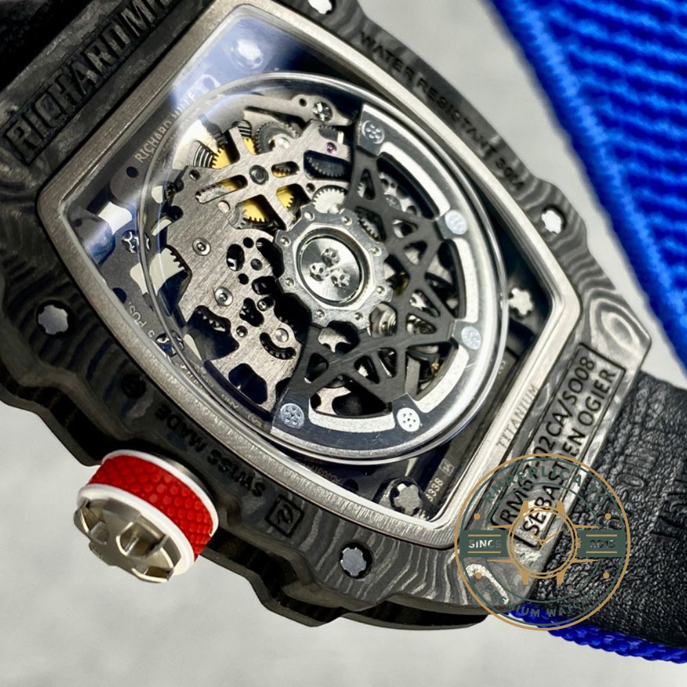 Imitation Richard Mille RM67-02 V4 black carbon case blue strap crown detail view – imitation richard mille