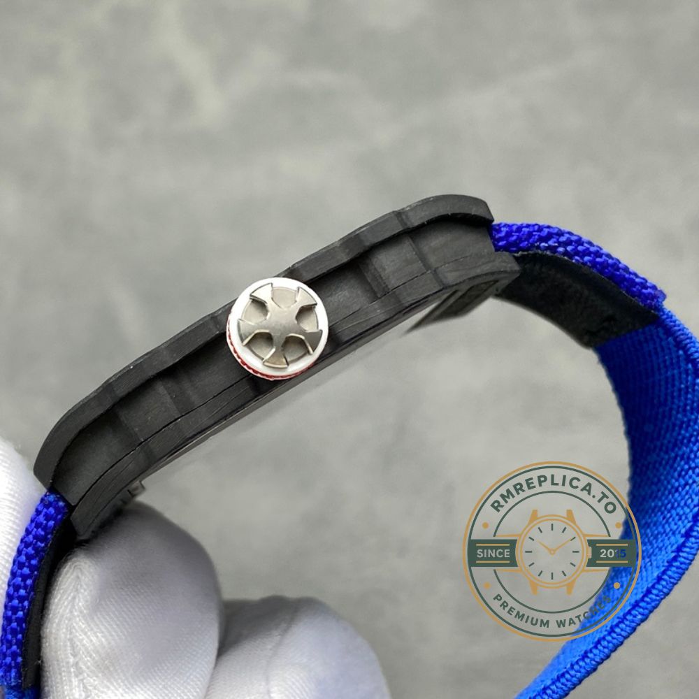 Richard Mille swiss replicas RM67-02 V4 black carbon case skeleton dial blue sapphire blue strap detail view – richard mille swiss replicas
