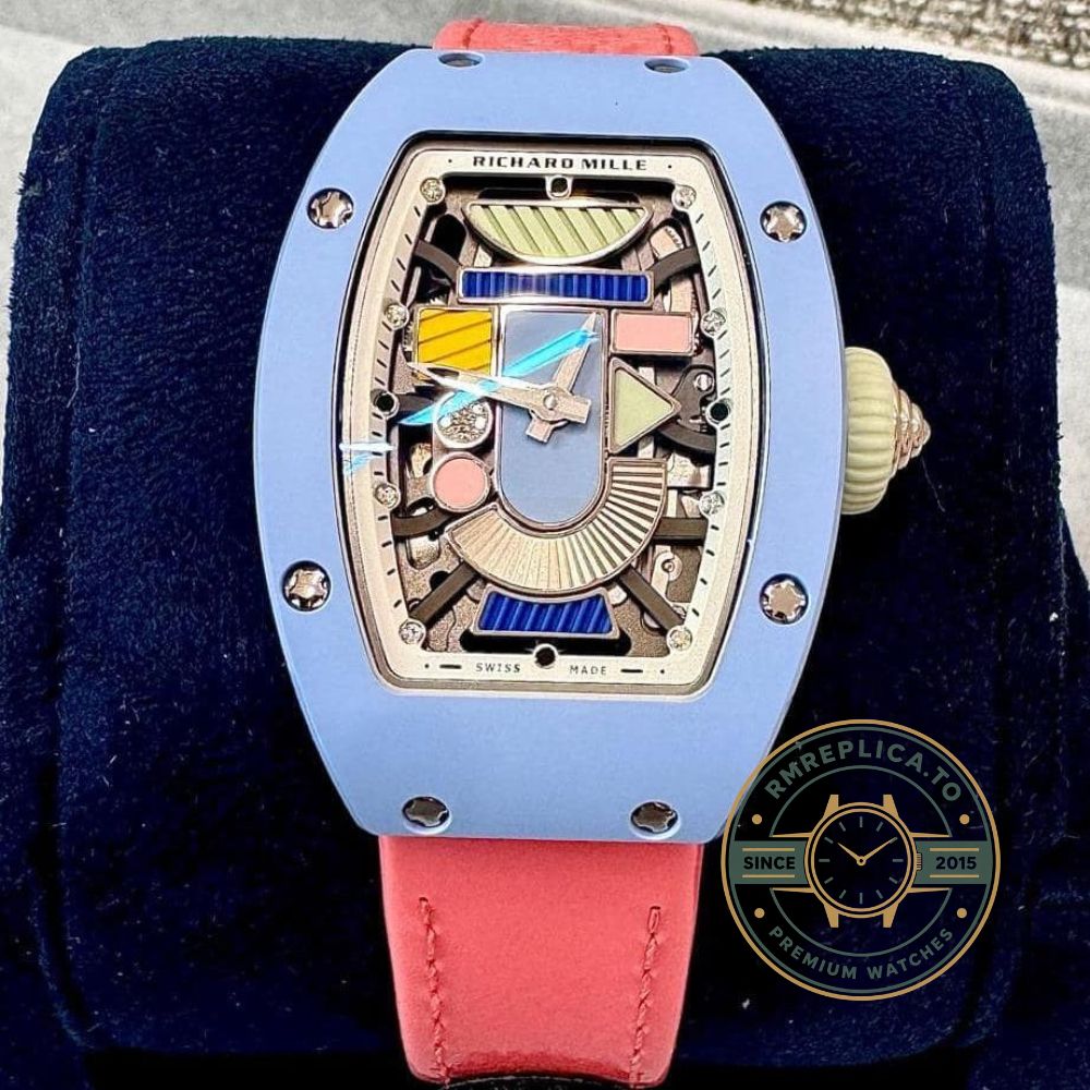 Richard Mille RM 07-01 Powder Blue super clone front view with ZTA ceramic case and pink calf leather strap – richard mille super clone