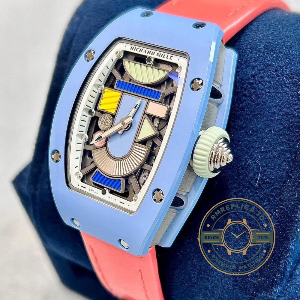 Fake Richard Mille RM 07-01 Powder Blue dial detail with guilloché, geometric color blocks and diamonds – fake richard mille