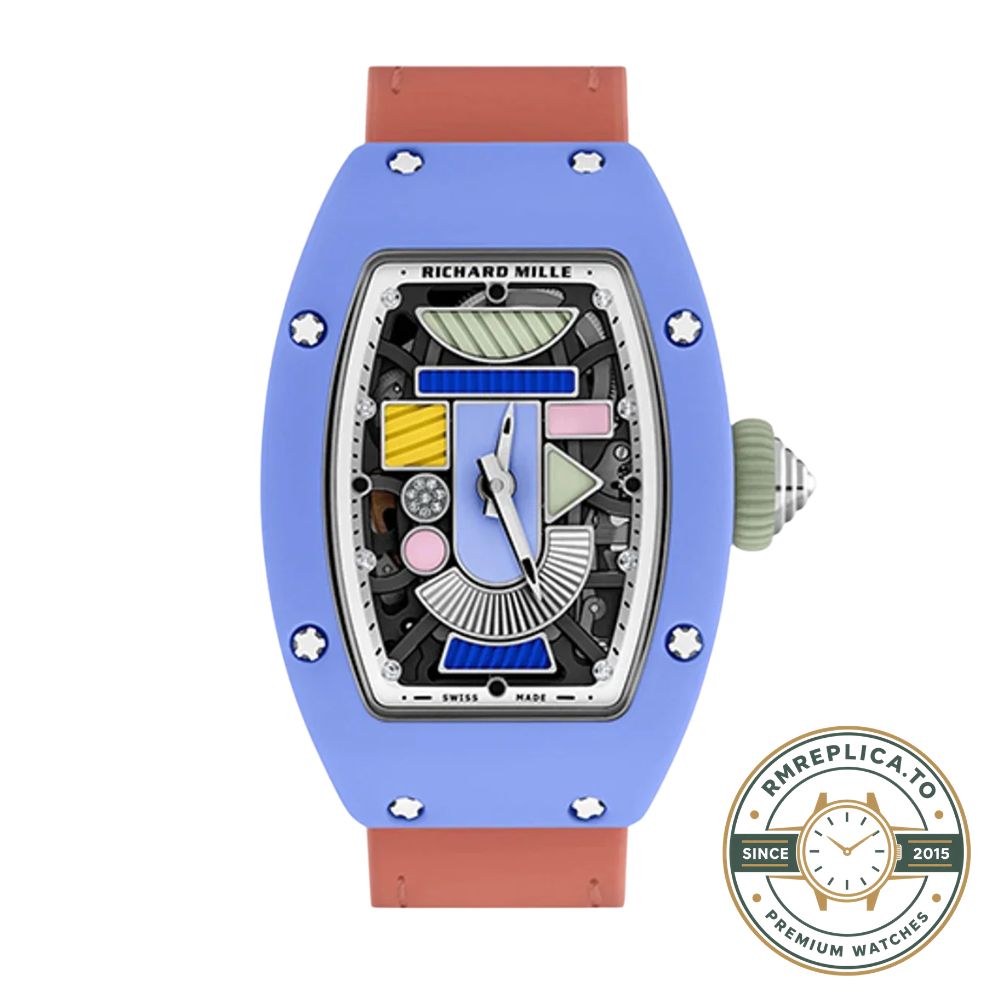 Replica Richard Mille watch RM 07-01 Powder Blue right side view showing ceramic case and crown – replica richard mille watch