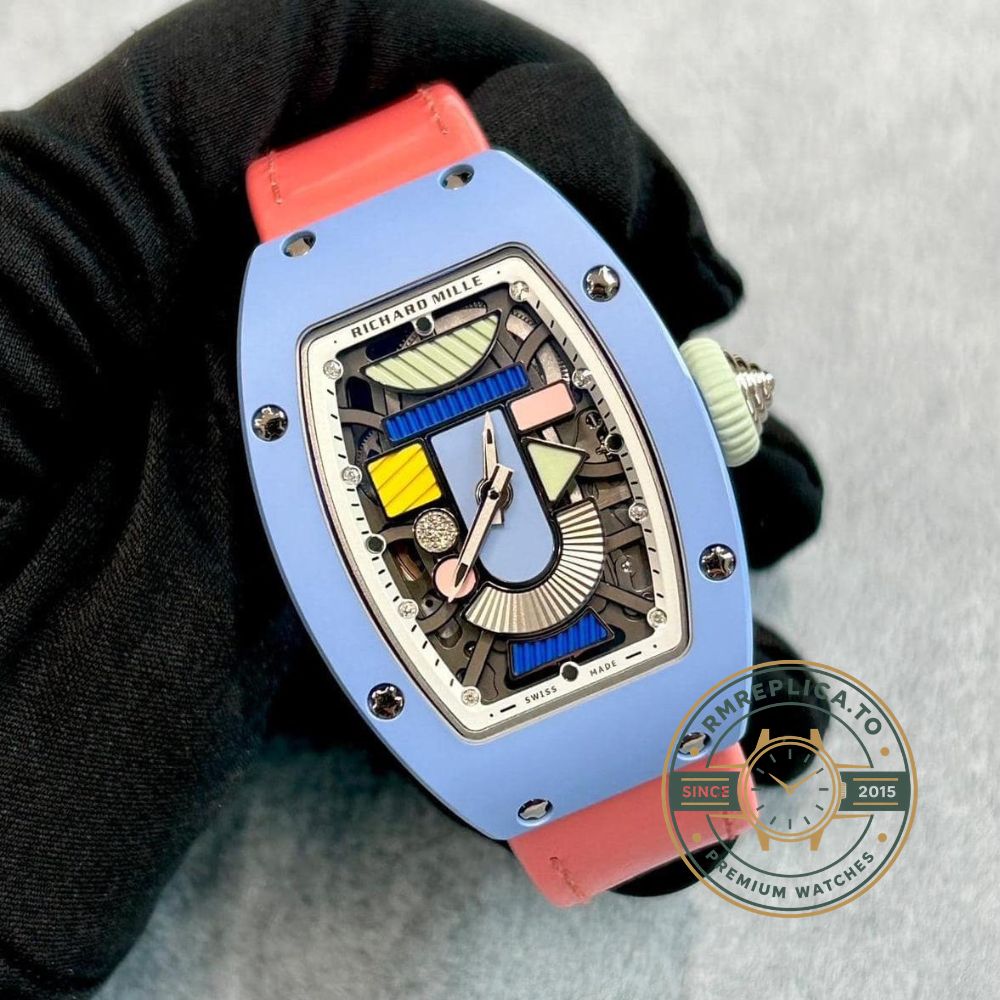 Richard Mille clone RM 07-01 Powder Blue back view with exhibition caseback and automatic movement – richard mille clone