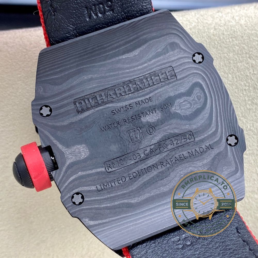 Richard Mille RM 27-03 Rafael Nadal super clone tourbillon watch ultra light Carbon TPT Red Bull design front view – richard mille replica