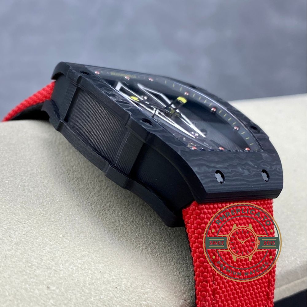 Richard Mille RM 27-03 Rafael Nadal super clone tourbillon watch angled view with skeleton dial and bull head bridge – richard mille super clone