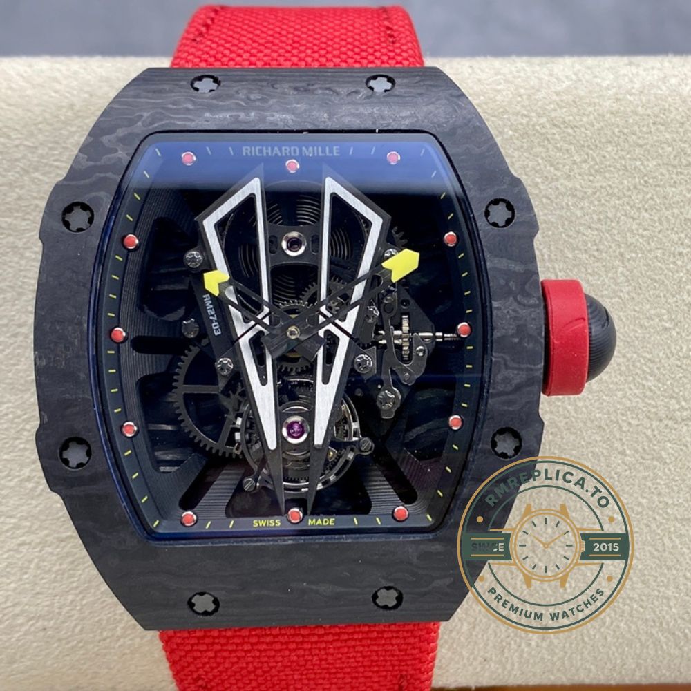 Fake Richard Mille RM 27-03 Rafael Nadal tourbillon watch dial detail with Spanish Matador bull head bridge – fake richard mille