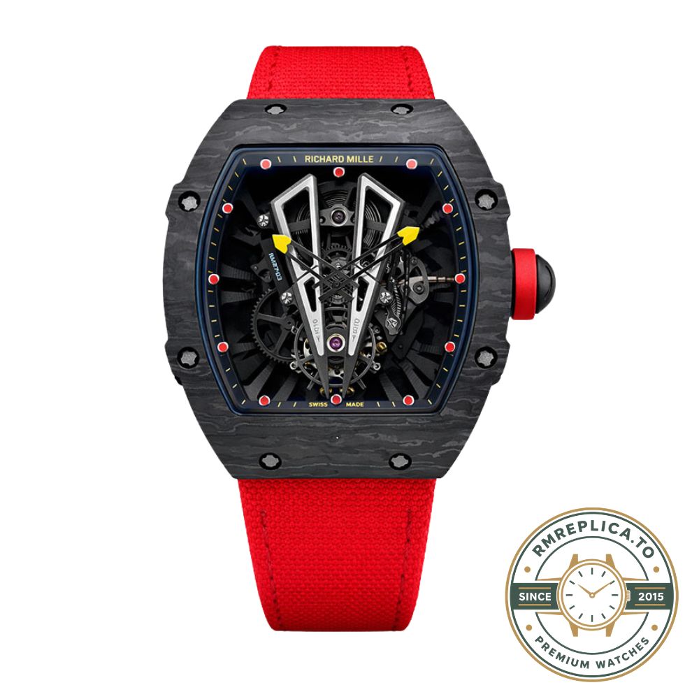Richard Mille replicas RM 27-03 Rafael Nadal tourbillon crown detail on Carbon TPT case – richard mille replicas