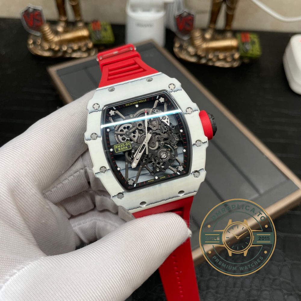 Richard Mille clone RM 35-01 Rafael Nadal side view with white carbon fiber case and red rubber strap – richard mille clone