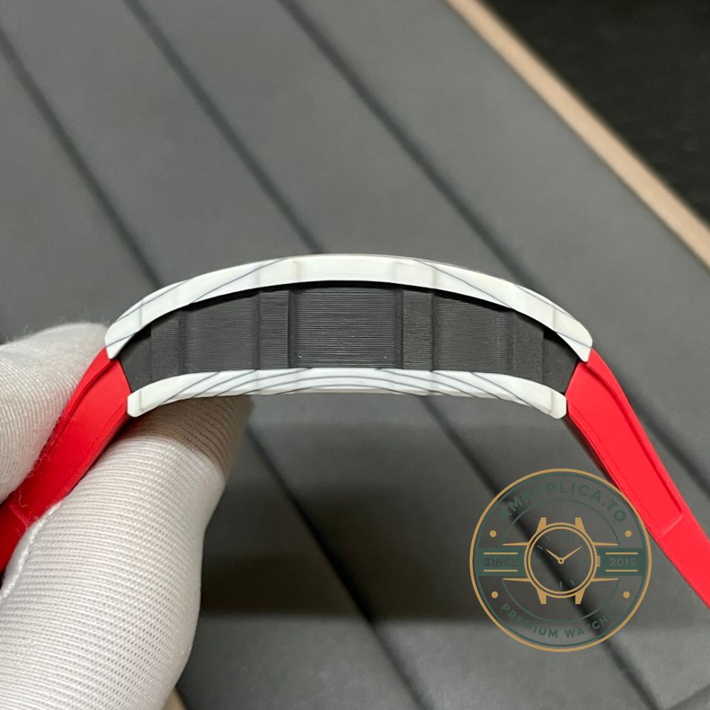 Richard Mille replicas RM 35-01 Rafael Nadal crown detail on white carbon fiber case – richard mille replicas