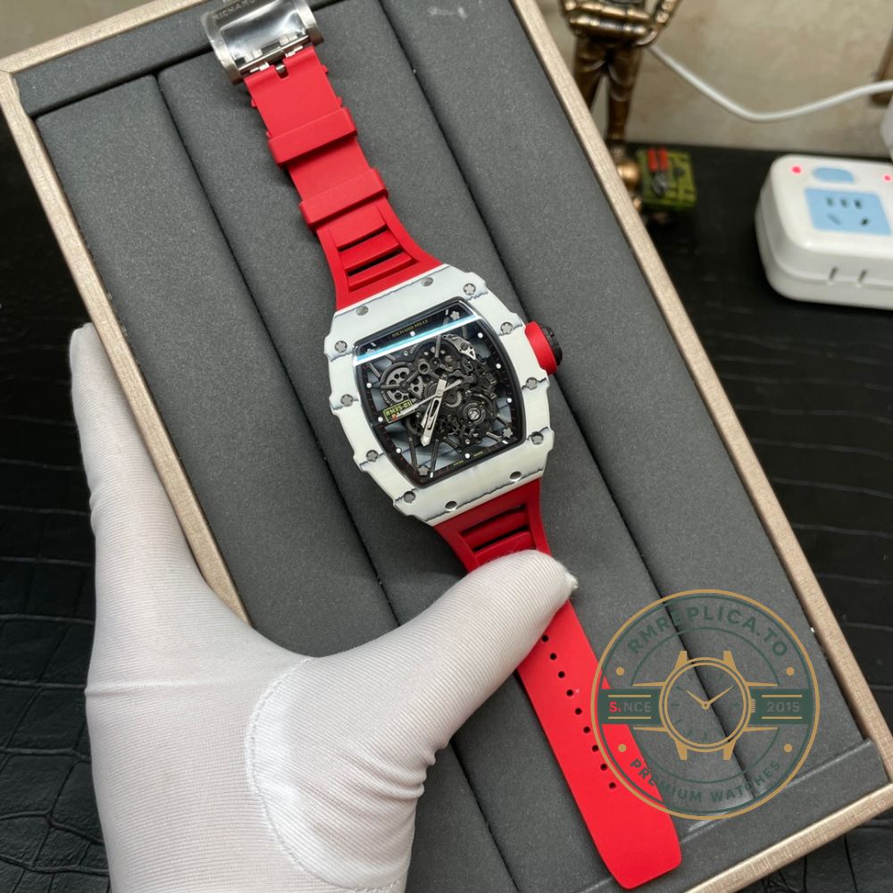 Richard Mille swiss replicas RM 35-01 Rafael Nadal red rubber strap buckle detail – richard mille swiss replicas
