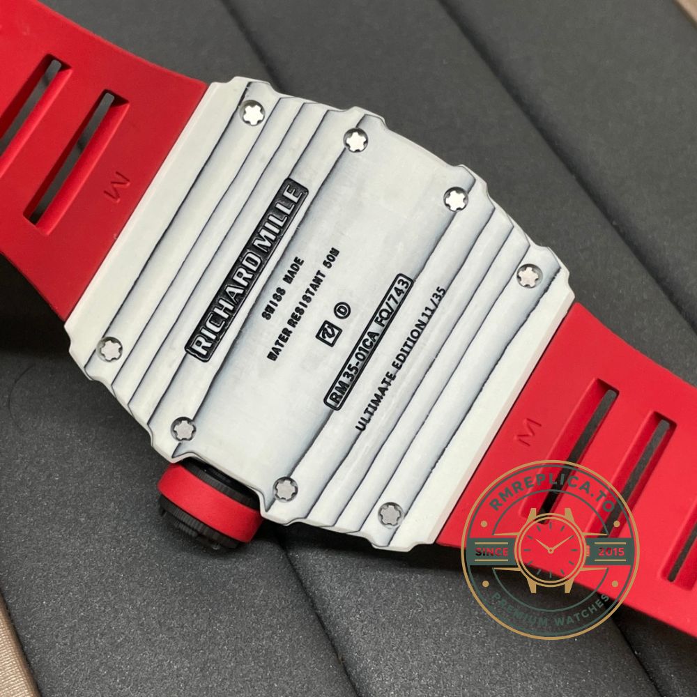 Richard Mille replica for sale RM 35-01 Rafael Nadal on wrist with white carbon case and red strap – richard mille replica for sale