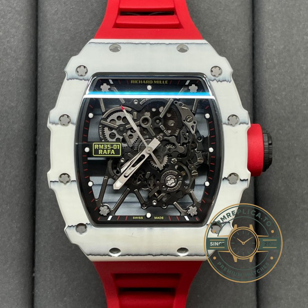 Richard Mille RM 35-01 Rafael Nadal super clone angled view showing white carbon fiber case and red rubber strap – richard mille super clone